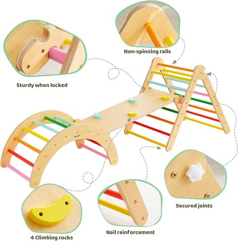 Beright 5 In1 Pikler Triangle Gym, Foldable Climbing Triangle Ladder Toys with Ramp, Indoor Climbing Toys for Kids, Play Gym, Arch Climber, Rocker, Learning Waldorf Children Toy Structure, Rainbow in Saudi Arabia