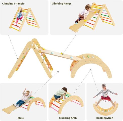 Beright 5 In1 Pikler Triangle Gym, Foldable Climbing Triangle Ladder Toys with Ramp, Indoor Climbing Toys for Kids, Play Gym, Arch Climber, Rocker, Learning Waldorf Children Toy Structure, Rainbow in Saudi Arabia