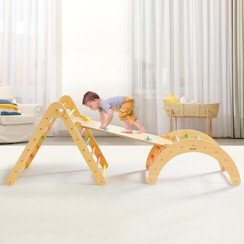 Beright 5 In1 Pikler Triangle Gym, Foldable Climbing Triangle Ladder Toys with Ramp, Indoor Climbing Toys for Kids, Play Gym, Arch Climber, Rocker, Learning Waldorf Children Toy Structure, Rainbow in Saudi Arabia