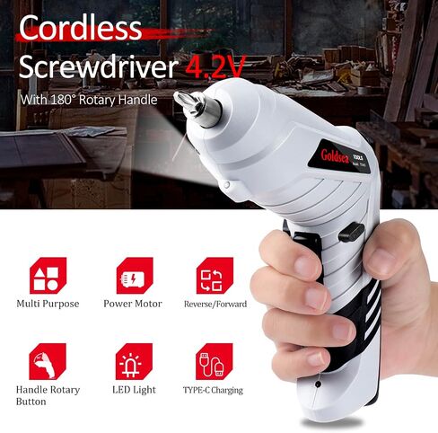 Electric Screwdriver Goldsea 4.2V Cordless Screwdriver 3.5N.m 1500mAh Type-C Charging 10pcs Screwdriver Bits 1/4" Hex Chuck 90°/180° deformation handle Forward and reverse adjustment LED Light in Saudi Arabia