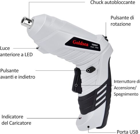 Electric Screwdriver Goldsea 4.2V Cordless Screwdriver 3.5N.m 1500mAh Type-C Charging 10pcs Screwdriver Bits 1/4" Hex Chuck 90°/180° deformation handle Forward and reverse adjustment LED Light in Saudi Arabia