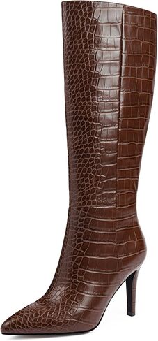 Modatope Knee High Boots Women Tall Boots Pointed Toe Stiletto High Heel Side Zipper Long Boots for Women Faux Crocodile Boots, Not Wide Calf in Saudi Arabia
