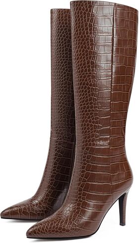 Modatope Knee High Boots Women Tall Boots Pointed Toe Stiletto High Heel Side Zipper Long Boots for Women Faux Crocodile Boots, Not Wide Calf in Saudi Arabia