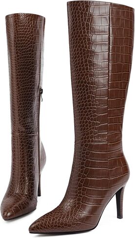 Modatope Knee High Boots Women Tall Boots Pointed Toe Stiletto High Heel Side Zipper Long Boots for Women Faux Crocodile Boots, Not Wide Calf in Saudi Arabia