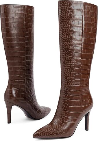Modatope Knee High Boots Women Tall Boots Pointed Toe Stiletto High Heel Side Zipper Long Boots for Women Faux Crocodile Boots, Not Wide Calf in Saudi Arabia