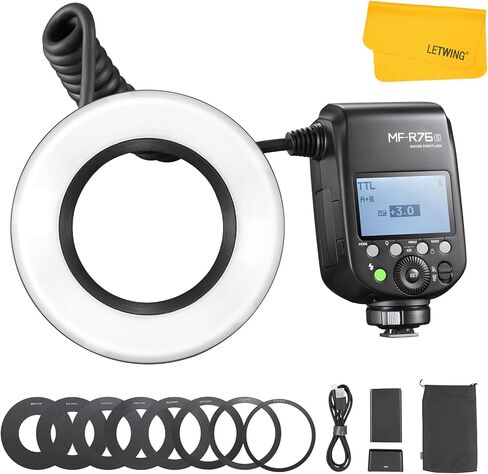 Godox MF-R76S فلاش حلقة ماكرو لسوني، TTL Speedlite 76Ws 2.4G نظام لاسلكي، ضبط تلقائي للسطوع، بطارية ليثيوم أيون 7.2 فولت/3000 مللي أمبير، مع 8 حلقات محول، متوافقة مع كاميرات سوني in Kuwait