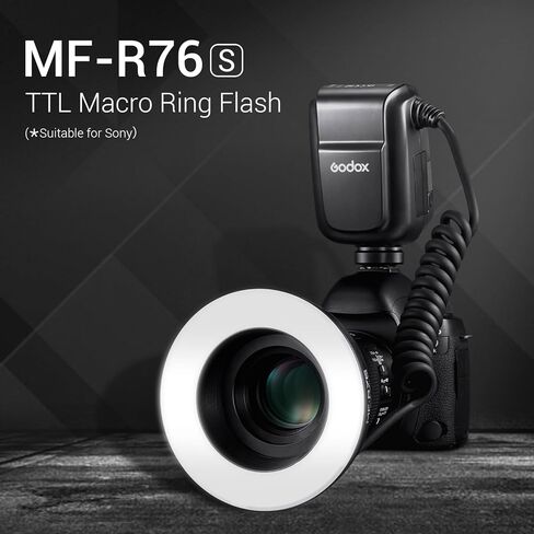 Godox MF-R76S فلاش حلقة ماكرو لسوني، TTL Speedlite 76Ws 2.4G نظام لاسلكي، ضبط تلقائي للسطوع، بطارية ليثيوم أيون 7.2 فولت/3000 مللي أمبير، مع 8 حلقات محول، متوافقة مع كاميرات سوني in Kuwait