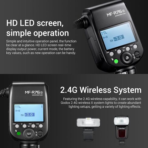 Godox MF-R76S فلاش حلقة ماكرو لسوني، TTL Speedlite 76Ws 2.4G نظام لاسلكي، ضبط تلقائي للسطوع، بطارية ليثيوم أيون 7.2 فولت/3000 مللي أمبير، مع 8 حلقات محول، متوافقة مع كاميرات سوني in Kuwait