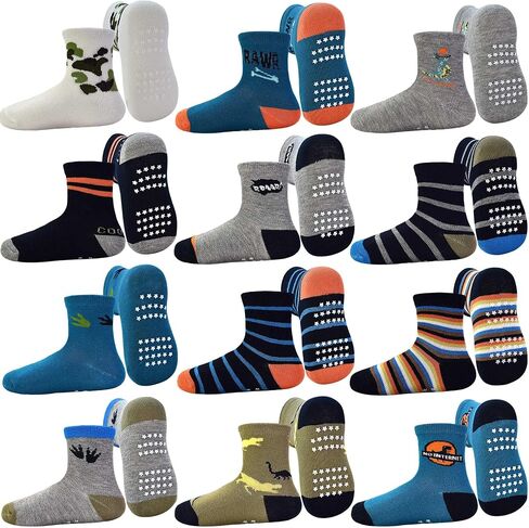 Tphon Toddler Baby Non Slip Socks Infant Anti Skid Socks with Grips 12 Pairs Crew Socks for 0-7 Years Kids Boys Girls in Kuwait