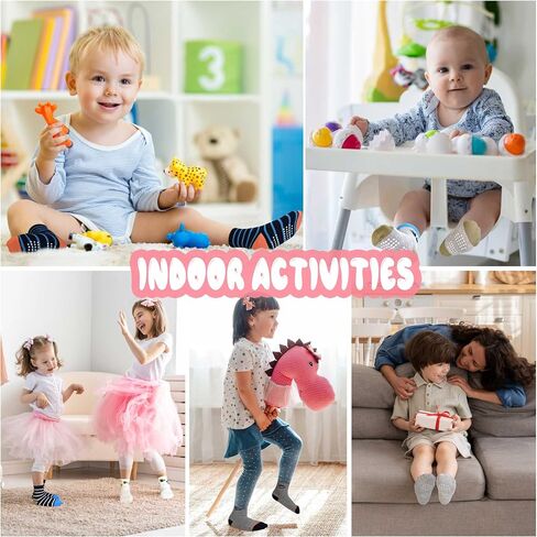 Tphon Toddler Baby Non Slip Socks Infant Anti Skid Socks with Grips 12 Pairs Crew Socks for 0-7 Years Kids Boys Girls in Kuwait