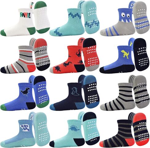 Tphon Toddler Baby Non Slip Socks Infant Anti Skid Socks with Grips 12 Pairs Crew Socks for 0-7 Years Kids Boys Girls in Kuwait