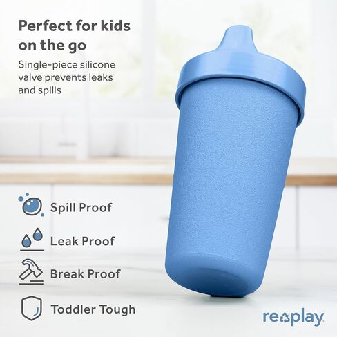 Re-Play Made in USA 2 Pack Sippy Cups for Toddlers, 10 Oz. - Reusable Spill Proof Cups for Kids, Dishwasher/Microwave Safe - Hard Spout Sippy Cups for Toddlers 3.13" x 6.25", Denim/Ice Blue in Saudi Arabia