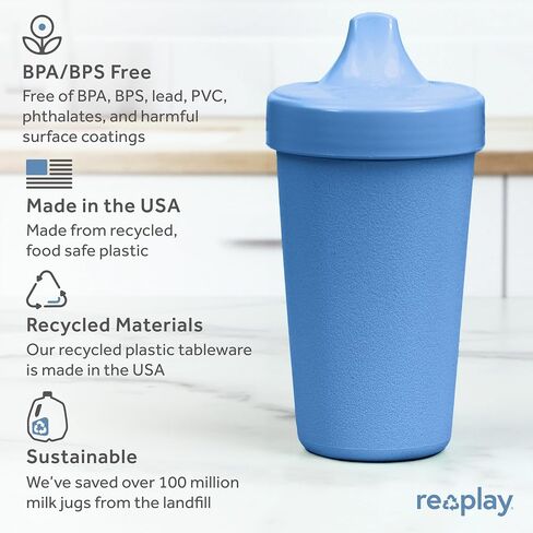 Re-Play Made in USA 2 Pack Sippy Cups for Toddlers, 10 Oz. - Reusable Spill Proof Cups for Kids, Dishwasher/Microwave Safe - Hard Spout Sippy Cups for Toddlers 3.13" x 6.25", Denim/Ice Blue in Saudi Arabia