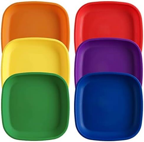 Re-Play Made in USA 22 Oz. Reusable Flat Plates for Baby & Toddler Feeding - Dishwasher and Microwave Safe Durable Flat Plates, Set of 6, 7.37" x 7.37" x 1.25", Crayon Box in Kuwait