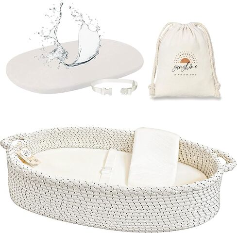 meloom Baby Changing Basket with Pads and Safety Belt- 100% Cotton Boho Baby Moses Basket Changing Table and Thick Pad with Waterproof Mattress Cover, Nursery Decor in Pink Color with Storage Bag in Saudi Arabia