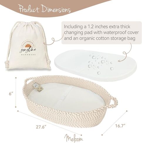 meloom Baby Changing Basket with Pads and Safety Belt- 100% Cotton Boho Baby Moses Basket Changing Table and Thick Pad with Waterproof Mattress Cover, Nursery Decor in Pink Color with Storage Bag in Saudi Arabia