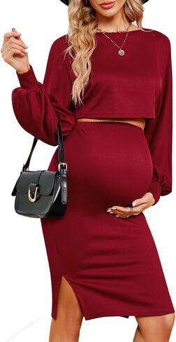 KOJOOIN Maternity 2 Piece Outfits Dress Puff Long Sleeve Ribbed Knit Top Bodycon Midi Skirt Sets Baby Shower Photoshoot in Kuwait