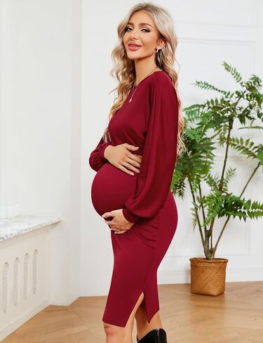 KOJOOIN Maternity 2 Piece Outfits Dress Puff Long Sleeve Ribbed Knit Top Bodycon Midi Skirt Sets Baby Shower Photoshoot in Kuwait