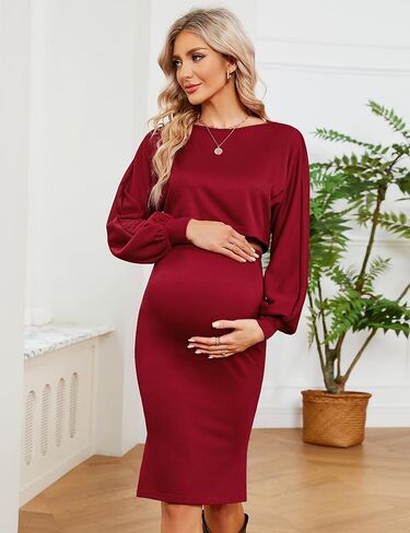 KOJOOIN Maternity 2 Piece Outfits Dress Puff Long Sleeve Ribbed Knit Top Bodycon Midi Skirt Sets Baby Shower Photoshoot in Kuwait