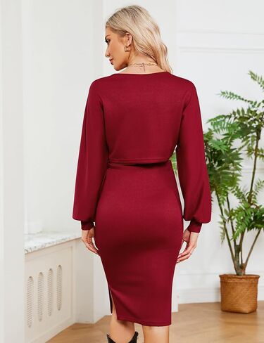 KOJOOIN Maternity 2 Piece Outfits Dress Puff Long Sleeve Ribbed Knit Top Bodycon Midi Skirt Sets Baby Shower Photoshoot in Kuwait