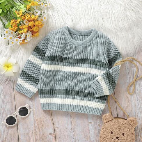 Toddler Baby Boy Girl Sweater Long Sleeve Crewneck Color Block Chunky Knit Shirt Infant Cute Fall Winter Warm Top in Kuwait