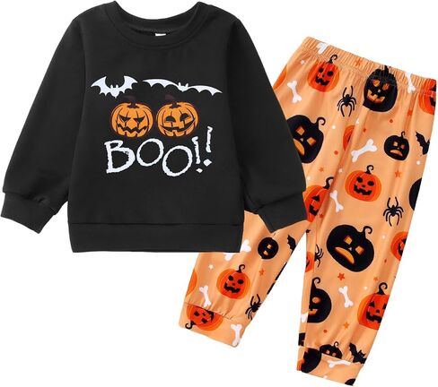 Ritatte Toddler Baby Boys Halloween Outfit Pumpkin Ghost Boo Sweatshirt Top Pant 2Pcs Kids Fall Winter Clothes Set in Kuwait
