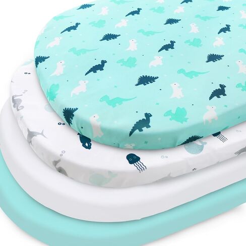 Bassinet Fitted Sheets 4 Pack 35" x 20", Aqua Dinosaurs & White Ocean | Compatible with AMKE 3 in 1 Baby Bassinet, Ezebaby, Bellababy and GoFirst Bedside Sleeper, Ultra Soft and Skin-Friendly in Saudi Arabia