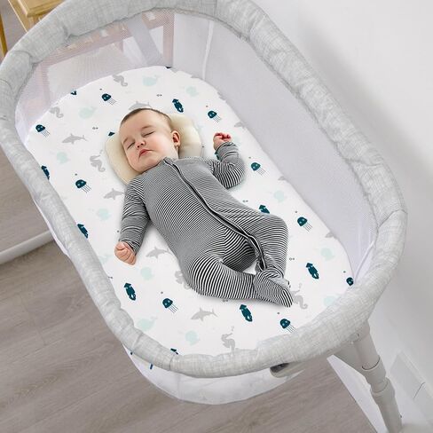 Bassinet Fitted Sheets 4 Pack 35" x 20", Aqua Dinosaurs & White Ocean | Compatible with AMKE 3 in 1 Baby Bassinet, Ezebaby, Bellababy and GoFirst Bedside Sleeper, Ultra Soft and Skin-Friendly in Saudi Arabia