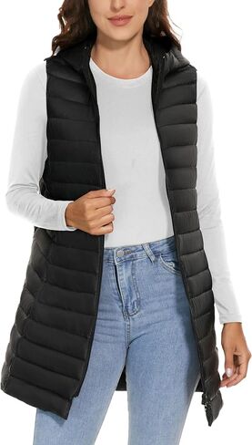 ELFJOY Women's Long Down Vest Zipper Lightweight Puffer Jackets with Hood in Kuwait