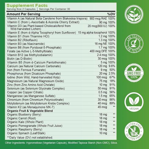 Whole Food Multivitamin Organic Foods Based Superfoods Supplement for Men's 50+, One Daily Multivitamin for Brain, Heart and Eye Health, Improve Digestion & Prostate Health, 120 Capsules in Saudi Arabia