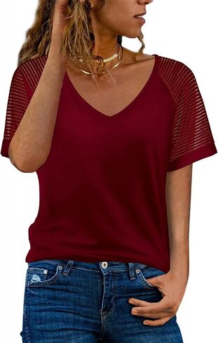 WEESO Casual T Shirts for Women V Neck Mesh Short Sleeve Summer Tops Loose Fit Dressy in Saudi Arabia