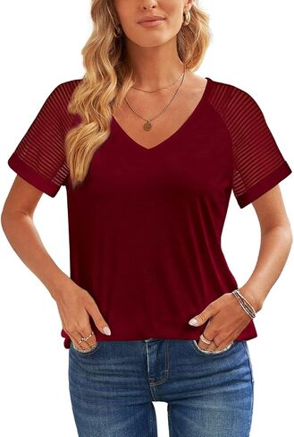 WEESO Casual T Shirts for Women V Neck Mesh Short Sleeve Summer Tops Loose Fit Dressy in Saudi Arabia