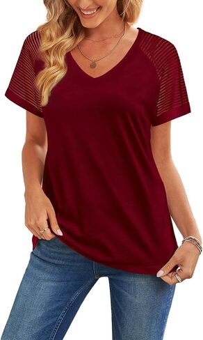 WEESO Casual T Shirts for Women V Neck Mesh Short Sleeve Summer Tops Loose Fit Dressy in Saudi Arabia