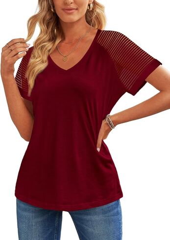 WEESO Casual T Shirts for Women V Neck Mesh Short Sleeve Summer Tops Loose Fit Dressy in Saudi Arabia