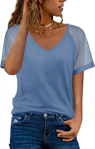 WEESO Casual T Shirts for Women V Neck Mesh Short Sleeve Summer Tops Loose Fit Dressy in Saudi Arabia