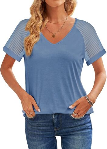 WEESO Casual T Shirts for Women V Neck Mesh Short Sleeve Summer Tops Loose Fit Dressy in Saudi Arabia