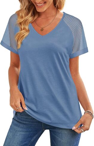 WEESO Casual T Shirts for Women V Neck Mesh Short Sleeve Summer Tops Loose Fit Dressy in Saudi Arabia