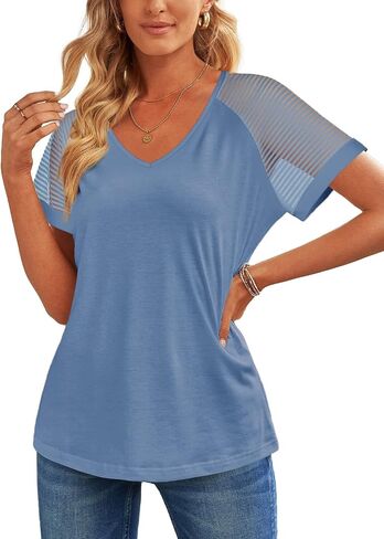 WEESO Casual T Shirts for Women V Neck Mesh Short Sleeve Summer Tops Loose Fit Dressy in Saudi Arabia