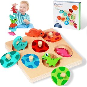 Wooden Puzzles for Toddlers 1-3, Dinosaur Wooden Toddler Puzzle, 6 Pcs Dinosaur Matching Egg Puzzle, Montessori Toys, Learning Color Sorting Shape Puzzles, Boy Girl Easter and Christmas Birthday Gifts