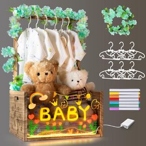 Baby Shower Crate Closet Wooden Baby Shower Basket for Newborn Boys Girls Distinctive Baby Storage Basket with Light Up Acrylic Board Welcome Baby Gift for New Parents (Brown)
