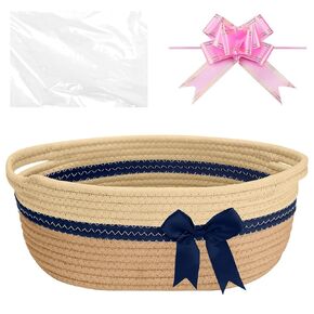 Small Woven Basket with Gift Bags and Ribbons, Empty Decorative Gift Chest Box, Cute Baby Gift Basket for Nursery, Woven Rope Hamper Baby Toy Basket Storage with Handles, 13.5"X 8.5" X 5.5", Brown