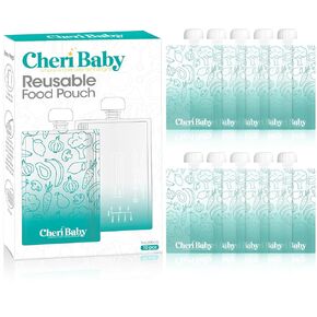 CheriBaby Reusable Baby Food Pouches for Toddlers, BPA Free Plastic, Food Safe, Freezer Safe, Refillable Squeeze Pouch for Applesauce, Yogurt & Puree, Leakproof Double Lock Zipper, 10 Packs, 7oz