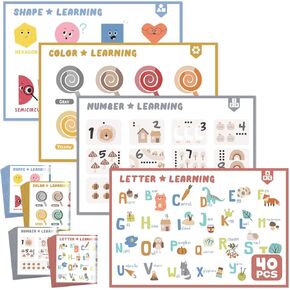 CUTE STONE Disposable Placemats for Baby and Kids, 40-Pack Sticky Toddler Placemats – Perfect for Restaurants, Dining Tables,Picnic, and Travel, 12" x 18" with 4 Fun and Educational Designs