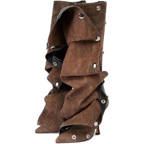 Womens Stiletto Heel Knee High Boots Pointed Toe Applique Denim Boot with Zipper Silver Buttons Fall Slouchy Boot in Kuwait