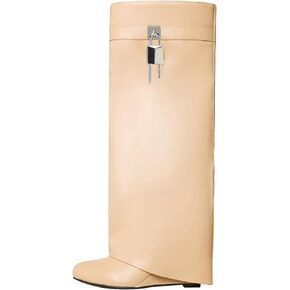 Arqa Fold Over Knee High Boots for Women Covered Wedge Heel Padlock Boot Almond Toe Wide Calf Pull-on Fashion Boots Party Shoes