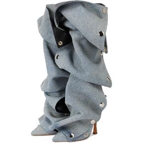 Arqa Womens Stiletto Heel Knee High Boots Pointed Toe Applique Denim Boot with Zipper Silver Buttons Fall Slouchy Boot