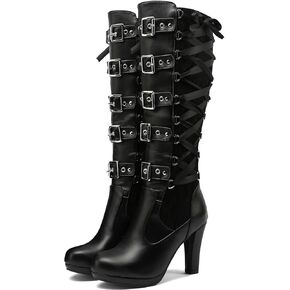 KysBloes Women Lace Goth Knee High Boots Buckle Block Heel Lace Up Knee Length Boots Punk Platform Tall Boot
