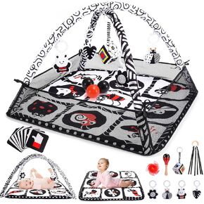 Baby Play Mat with Sensory 8 Toys, 16pcs Cards, Tummy Time Mat & Playpen, Play Mat for Babies 0-6 6-12 Months, Baby Play Gym, Playmate for Baby Toys, Newborn Essentials Must Haves, Baby Shower Gifts