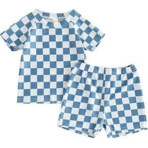 Toddler Baby Boy Two Piece Swimsuit Set Checkerboard Short Sleeve Rashguard Swimwear Bathing Suit Sunsuit Beachwear