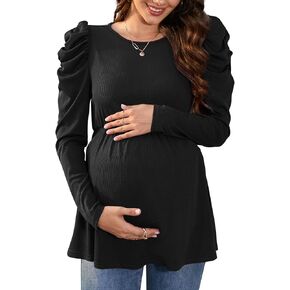 KOJOOIN Women's Maternity Tops Puff Long Sleeve Shirt Casual High Waisted Pregnancy Fall T Shirts Round Neck Tunic Top Blouse